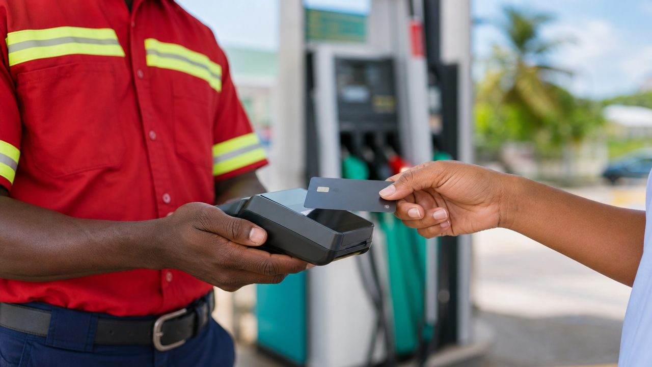 Cliente pagando sin contacto en una terminal inalámbrica junto a una bomba de combustible